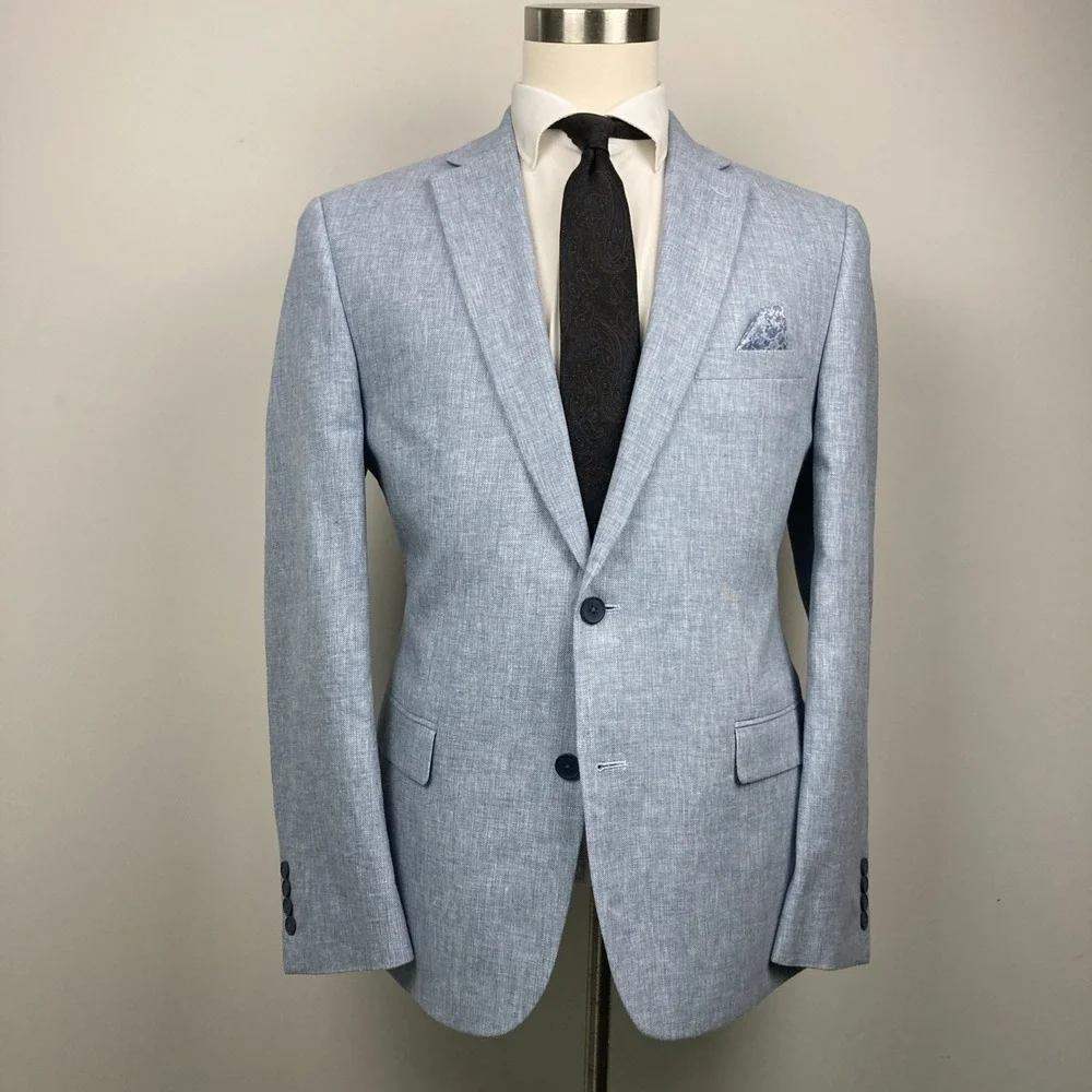 Bar III Men's Slim Fit 2 Piece Suit Jacket 44R Pant 36W 30L Blue Linen Cotton